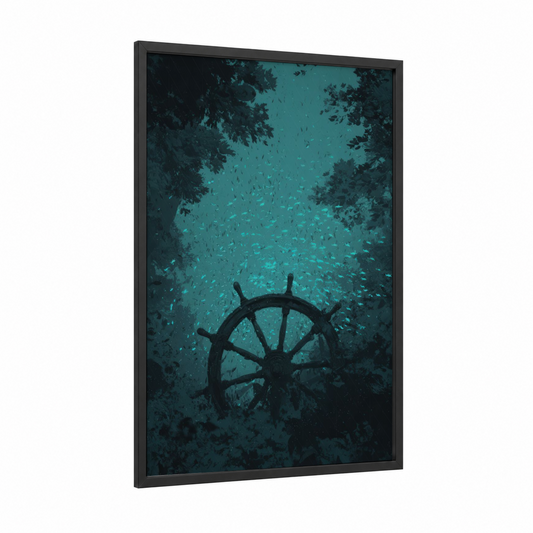 Sunken Shipwheel framed art print — black wood frame — teal and black palette
