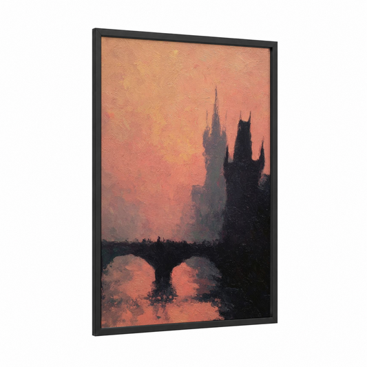 Crimson Charles Bridge framed art print — black wood frame — peach and gold palette