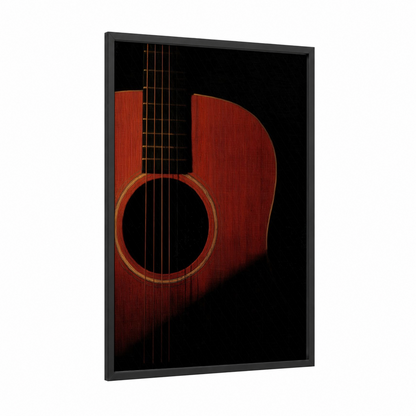 Crimson Acoustic Guitar framed art print — black wood frame — red and gold palette
