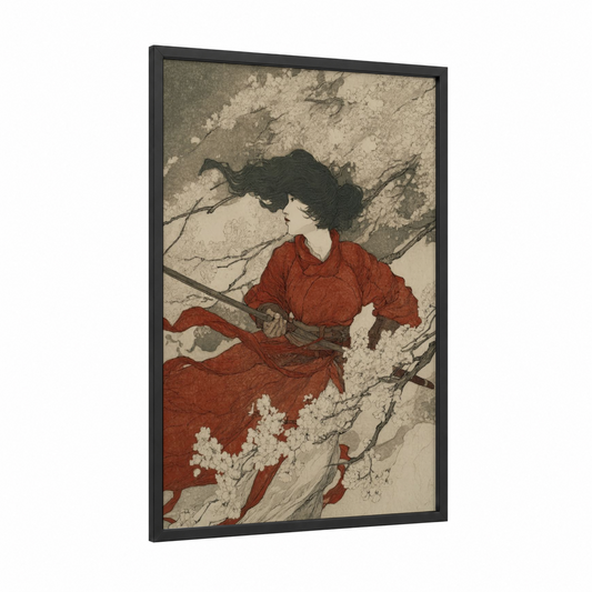 Cherry Blossom Warrior framed kung fu print — black wood frame — red and cream palette