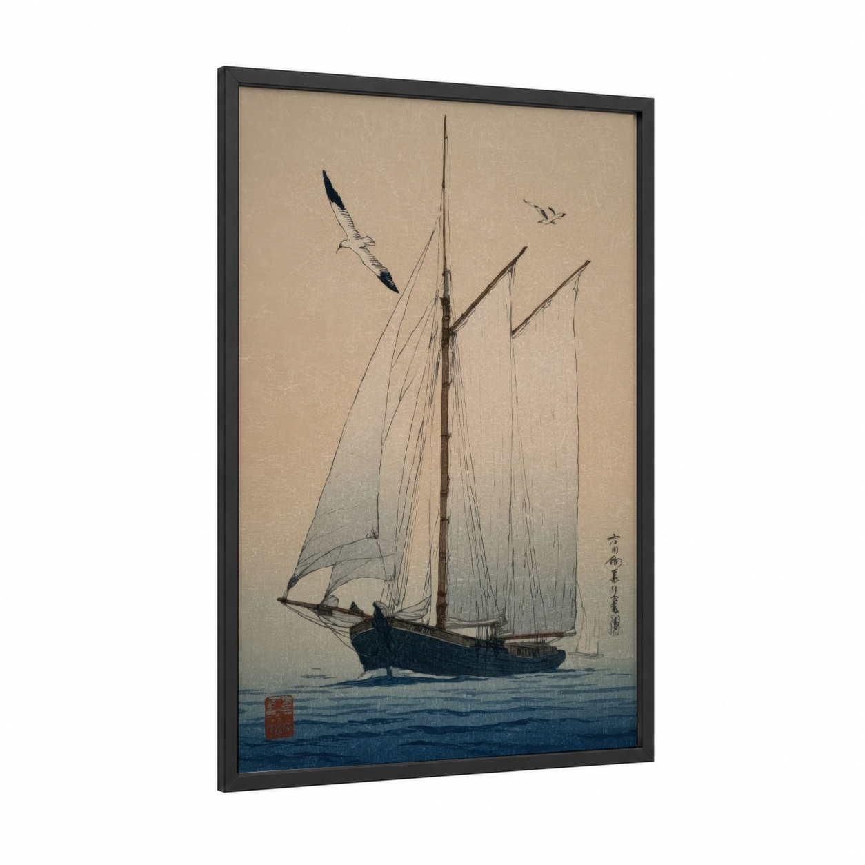 Sailing Yacht framed yacth print — black wood frame — cream and dark blue palette