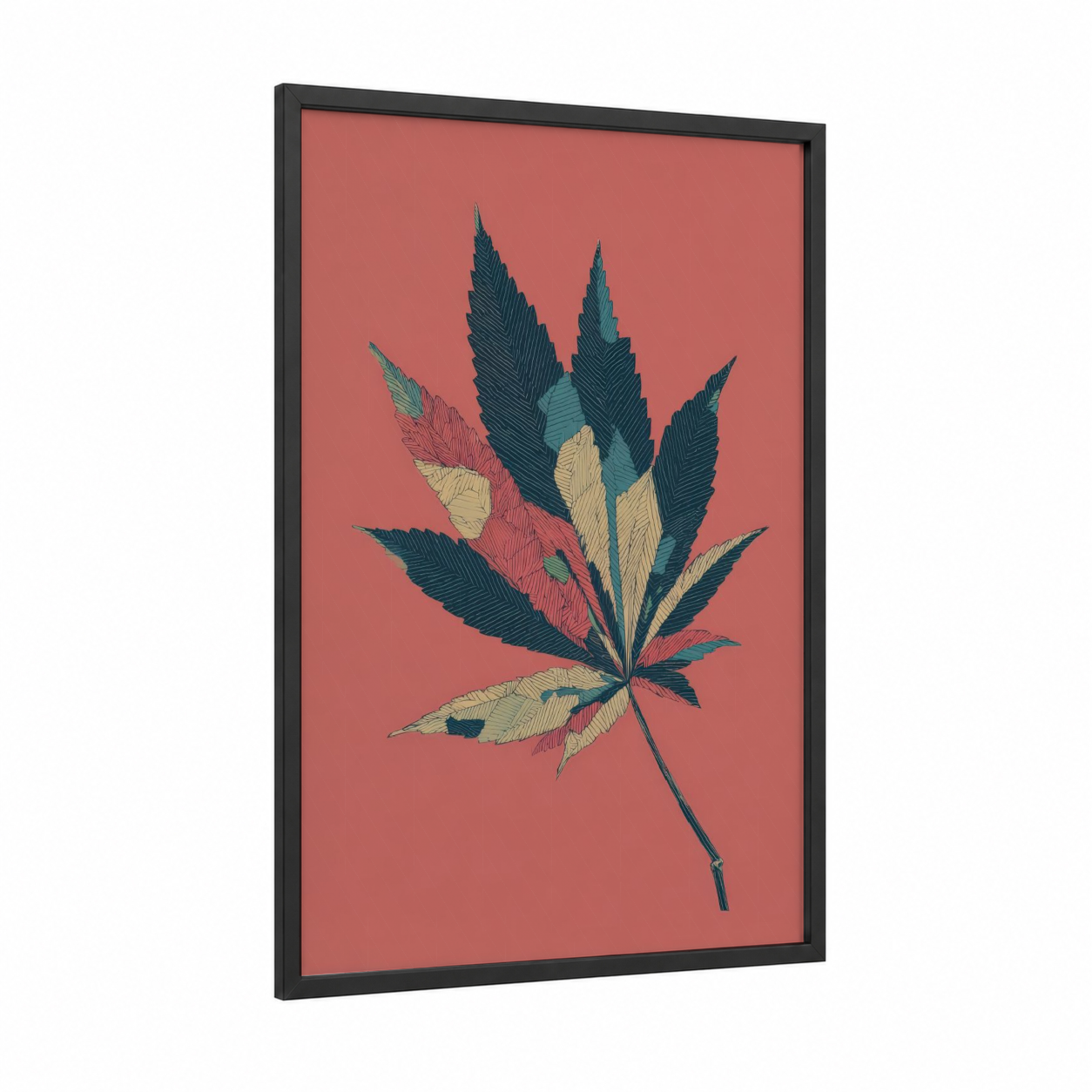 Coral Cannabis Leaf framed art print — black wood frame — russet and teal palette