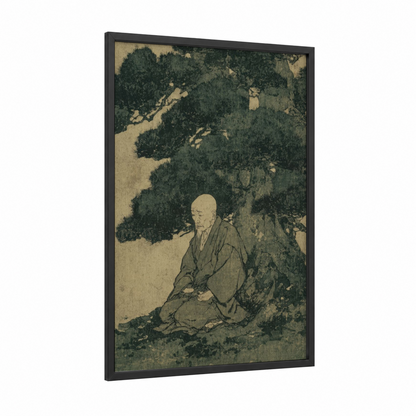 Meditative Karate Master framed art print — black wood frame — sage green and cream palette
