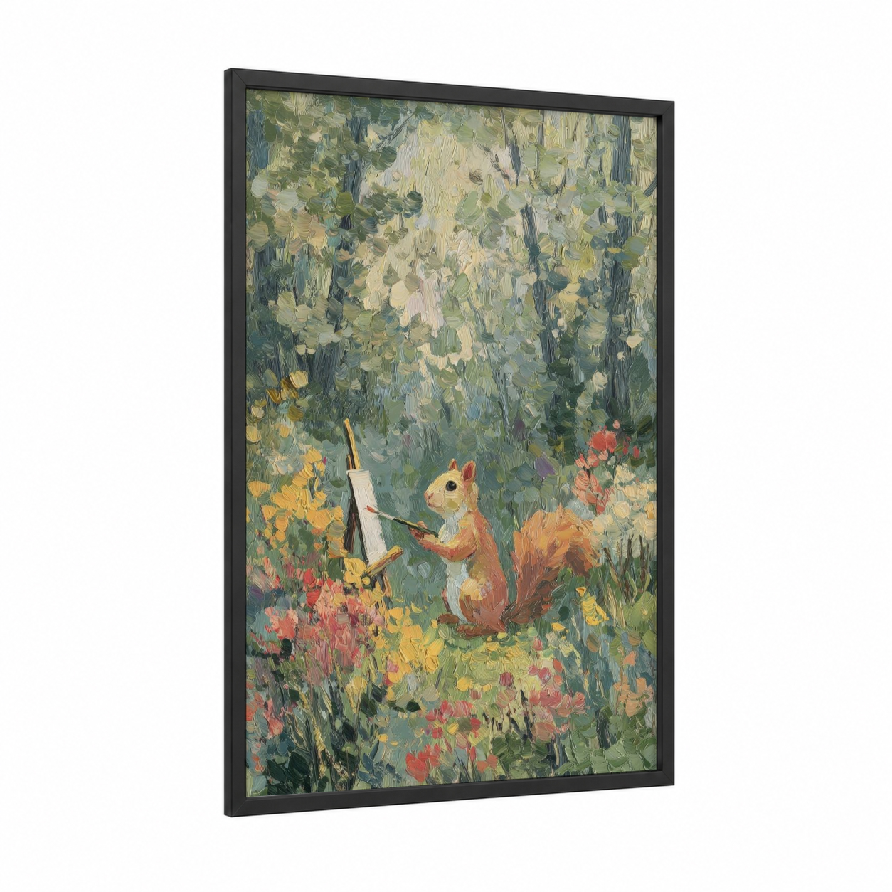 Artistic Squirrel framed art print — black wood frame — green and yellow gold palette
