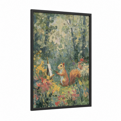 Artistic Squirrel framed art print — black wood frame — green and yellow gold palette