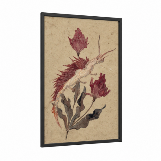 Crimson Nudibranch framed art print — black wood frame — maroon and cream palette
