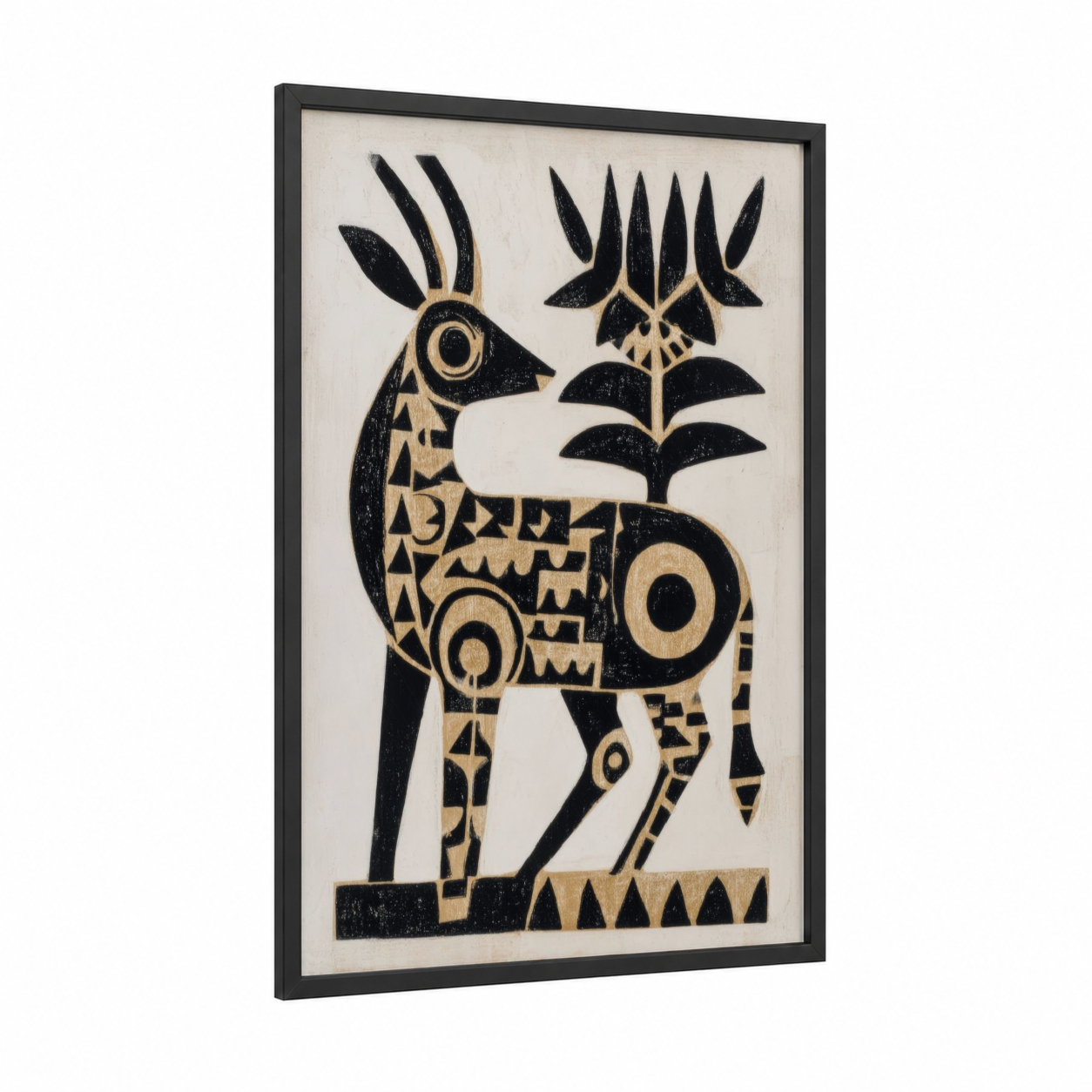 Sacred Elk framed art print — black wood frame — black and white and champagne gold palette