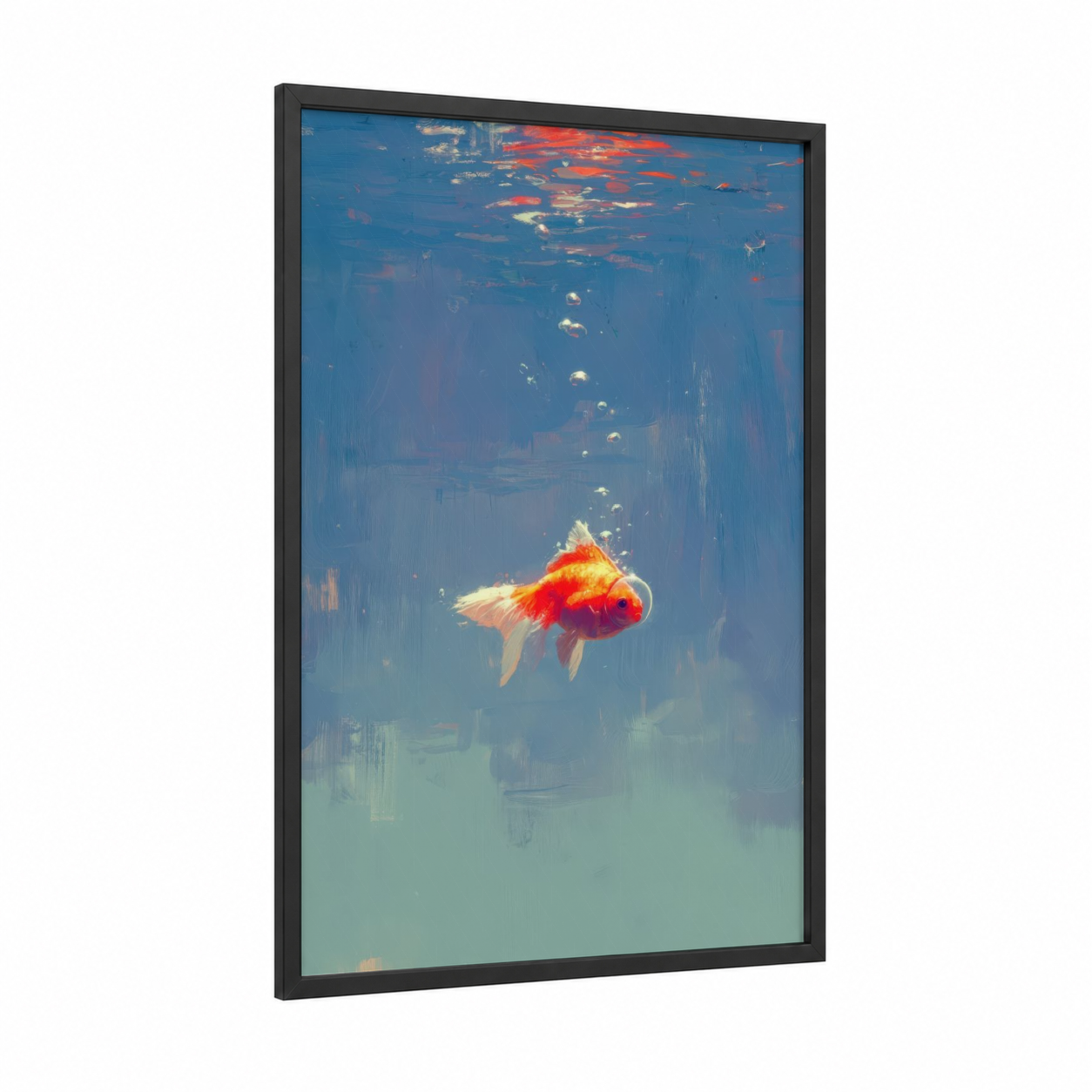 Golden Swimmer framed goldfish print — black wood frame — blue and gold palette