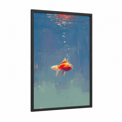 Golden Swimmer framed goldfish print — black wood frame — blue and gold palette