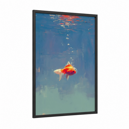 Golden Swimmer framed goldfish print — black wood frame — blue and gold palette