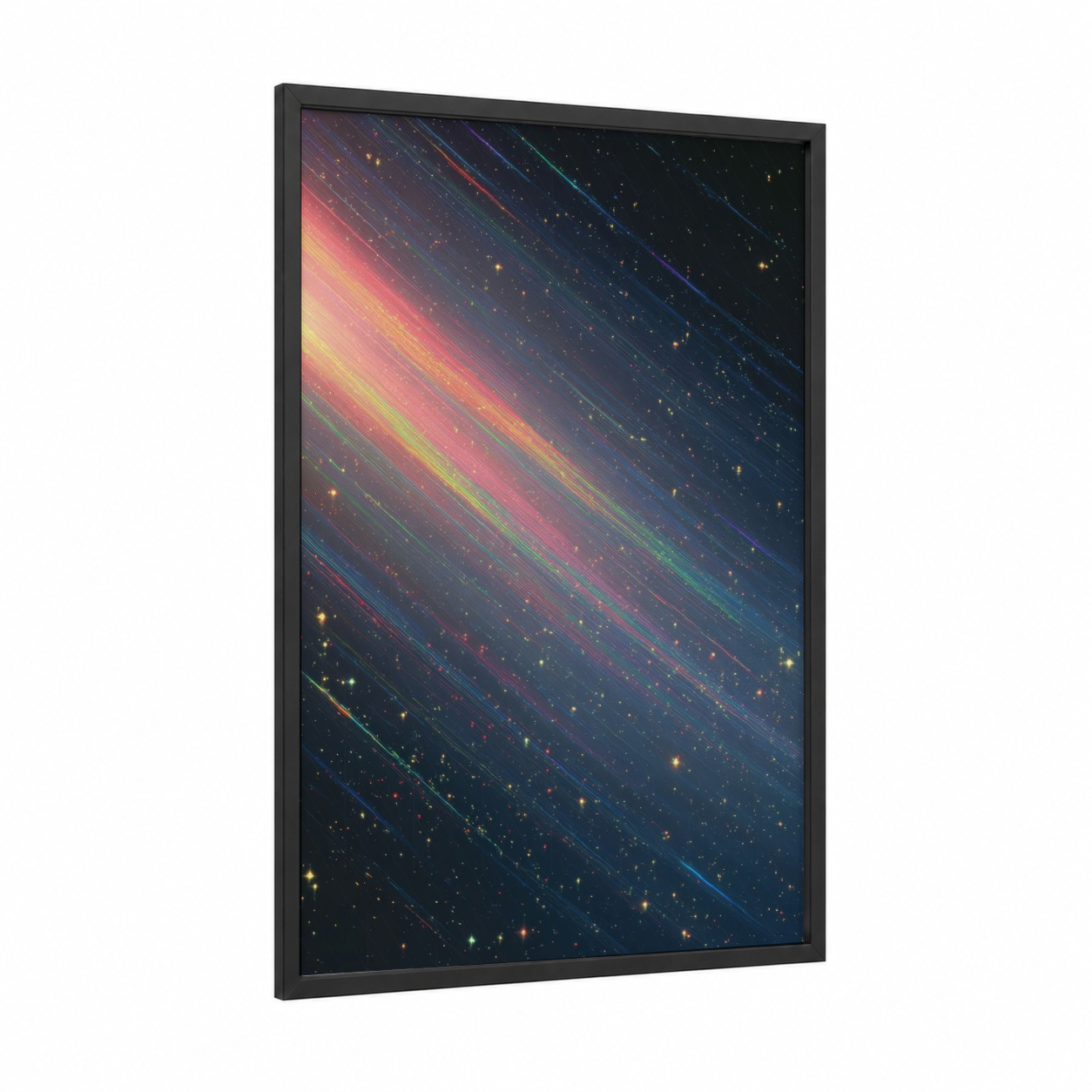 Cosmic Streaks framed astroids and comets print — black wood frame — blue and gold and magenta palette