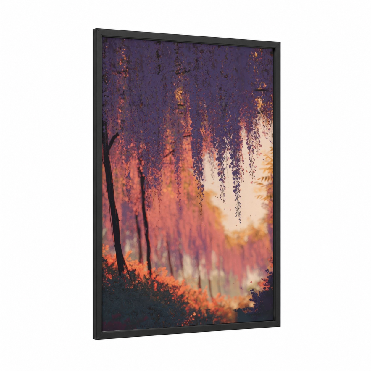 Sunset Wisteria framed art print — black wood frame — purple and gold palette