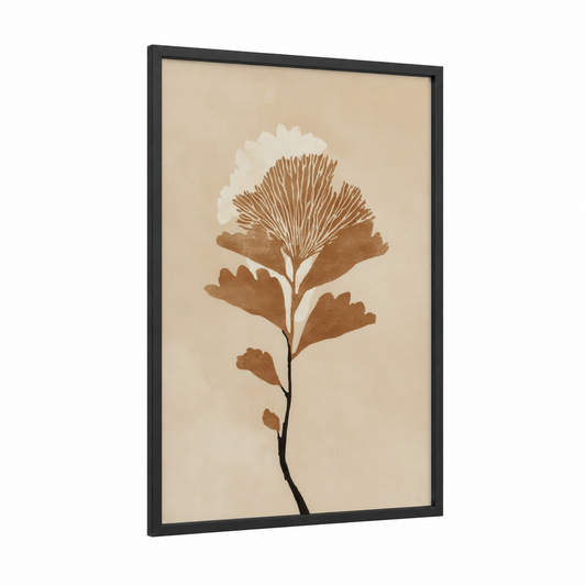 Minimal Kauri framed kauri tree print — black wood frame — beige and russet palette
