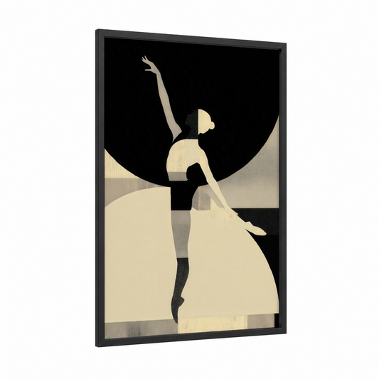 Graceful Leap framed gymnastics print — black wood frame — black and white and cream palette