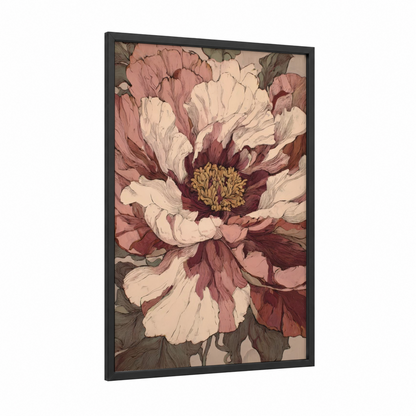 Blush Peony framed art print — black wood frame — peach and maroon palette