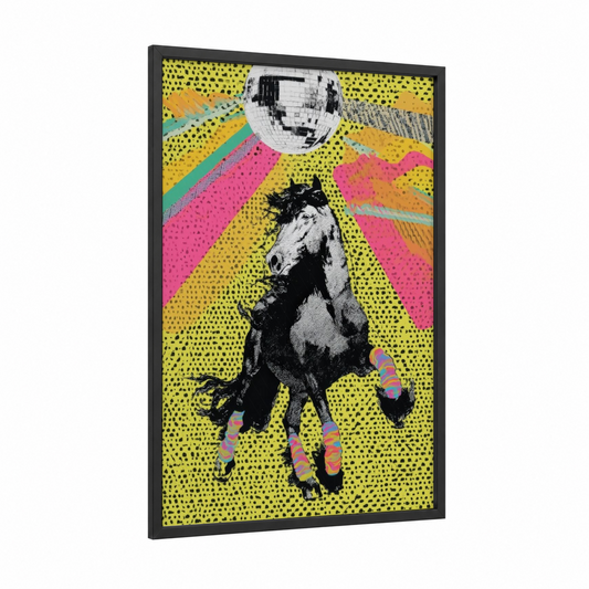 Disco Friesian framed friesian horse print — black wood frame — yellow gold and magenta palette