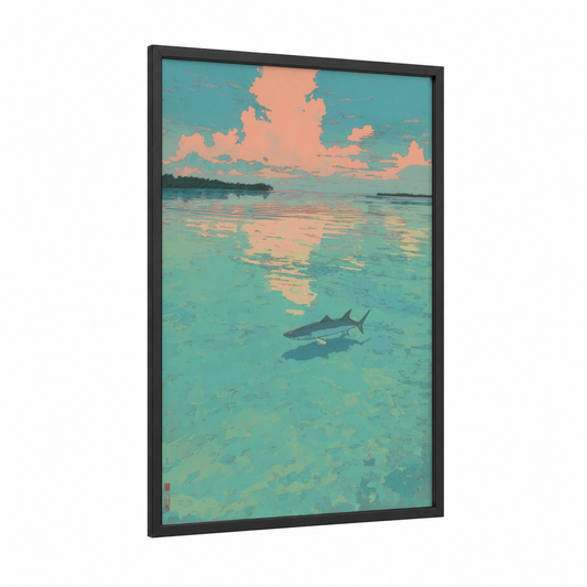 Shallow Water Snook framed art print — black wood frame — teal and peach palette