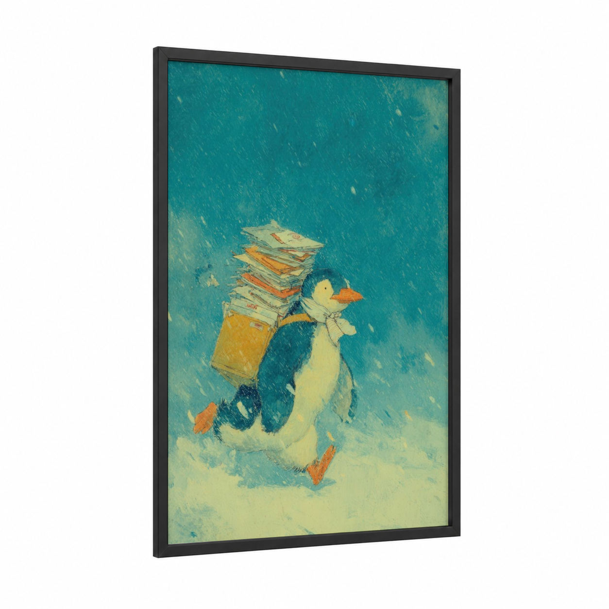 Bookish Penguin framed art print — black wood frame — teal and cream palette