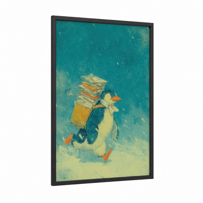 Bookish Penguin framed art print — black wood frame — teal and cream palette