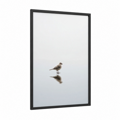 Solitary Finch framed art print — black wood frame — gray and white palette