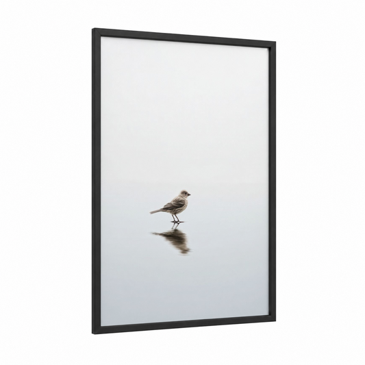 Solitary Finch framed art print — black wood frame — gray and white palette