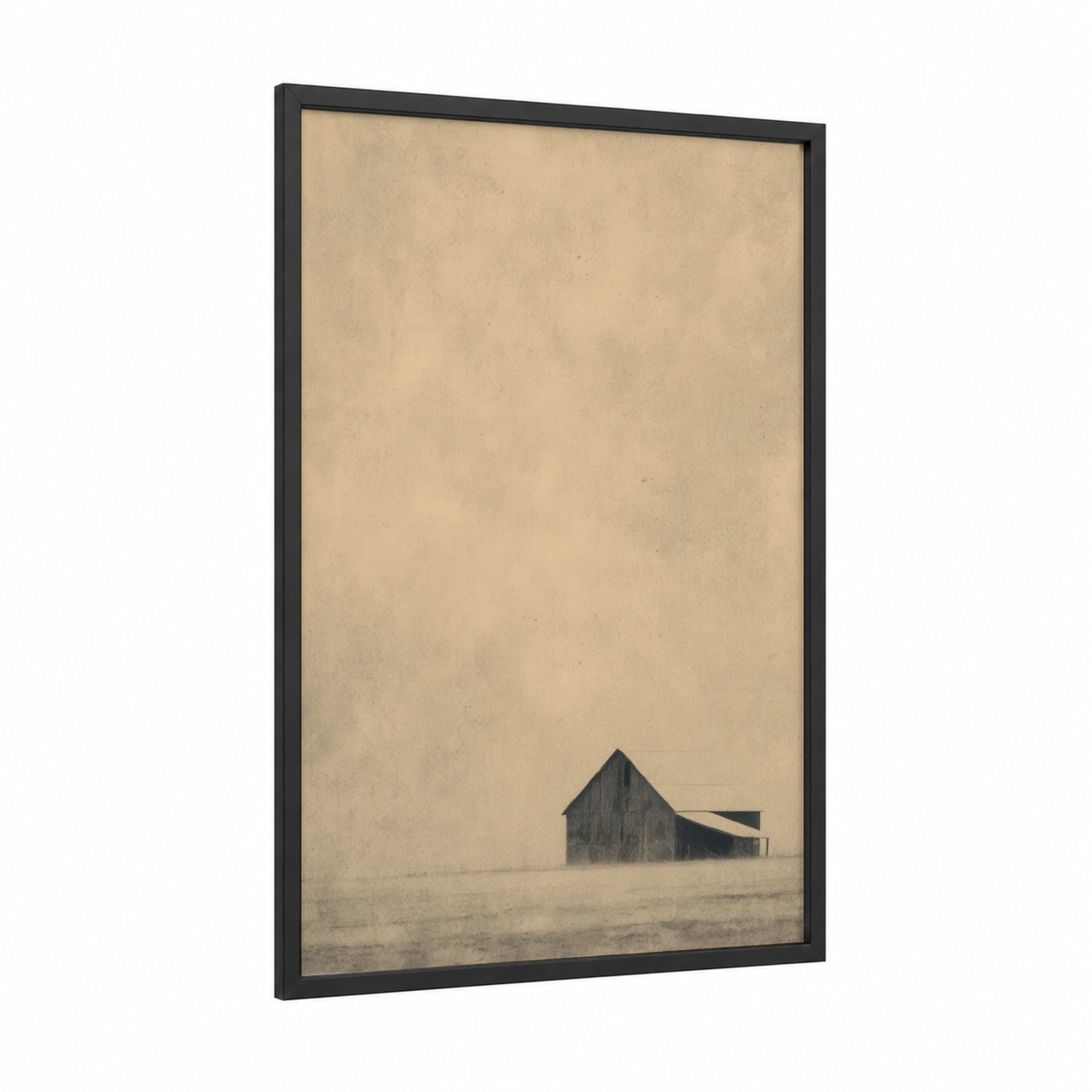 Solitary Barn framed art print — black wood frame — beige and gray palette