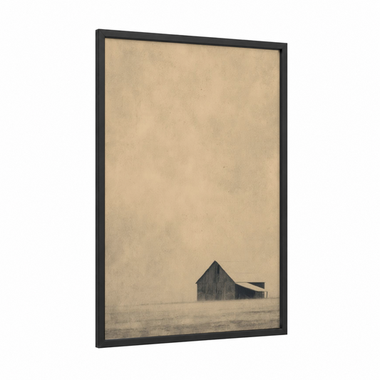 Solitary Barn framed art print — black wood frame — beige and gray palette
