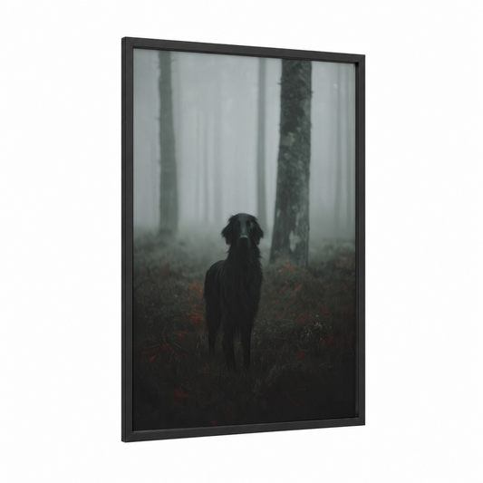 Misty Forest Retriever framed art print — black wood frame — black and white and gray palette