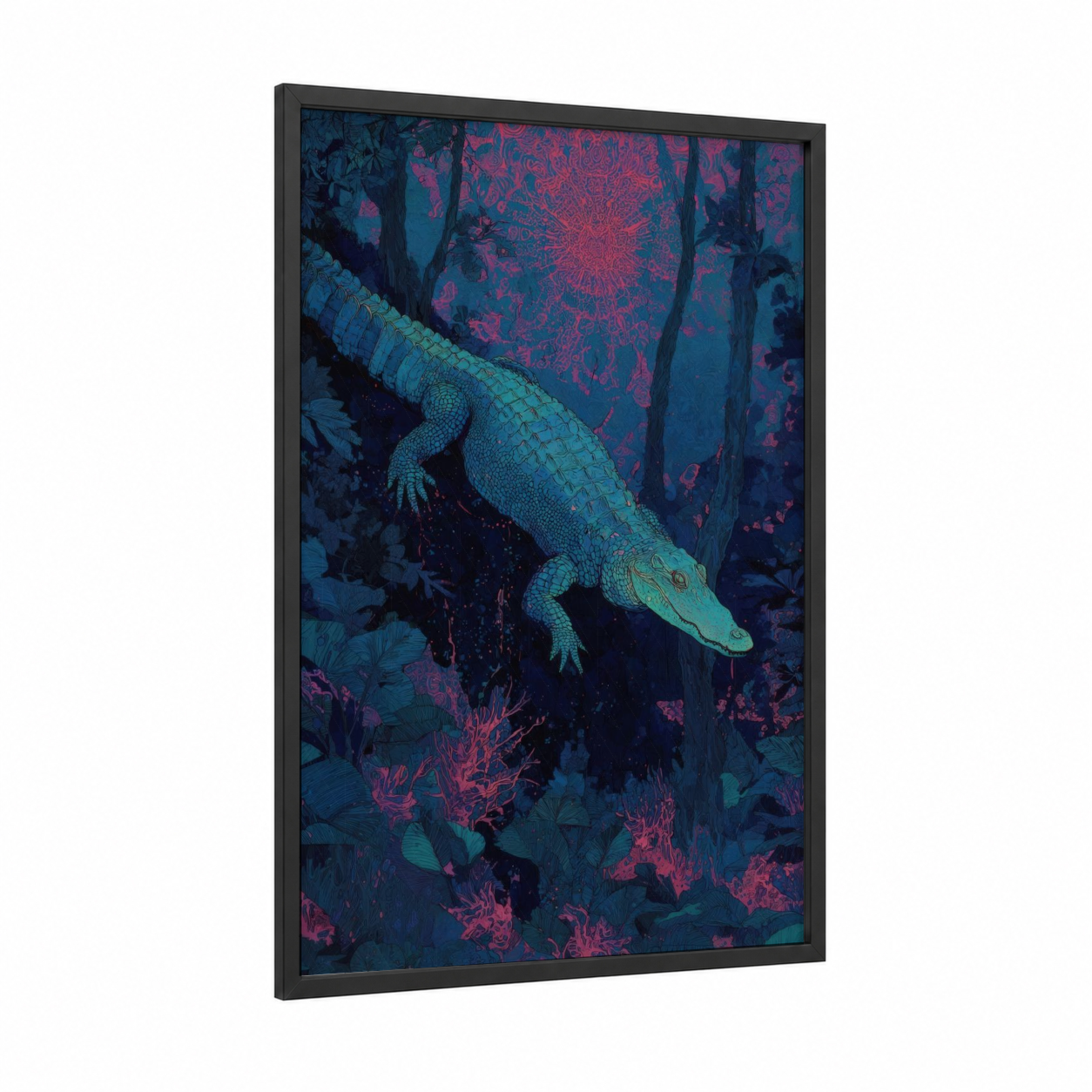 Neon Alligator framed art print — black wood frame — blue and magenta palette