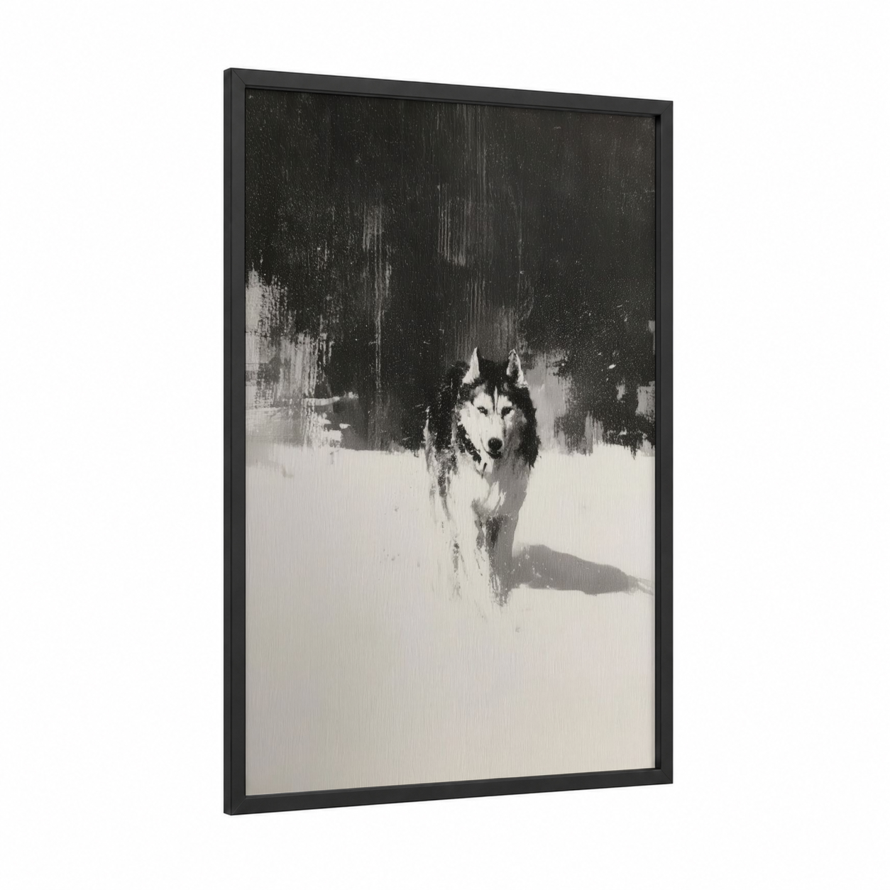Snowy Husky framed art print — black wood frame — black and white and gray palette