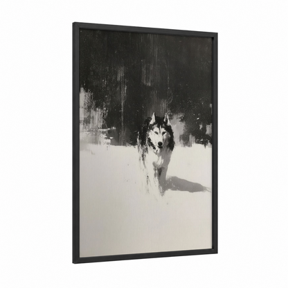 Snowy Husky framed art print — black wood frame — black and white and gray palette