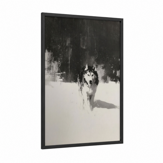 Snowy Husky framed art print — black wood frame — black and white and gray palette