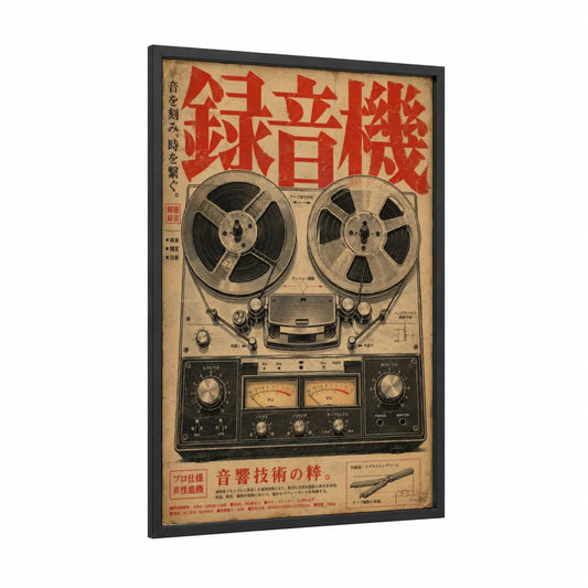 Vintage Reel to Reel Recorder Wall Art framed music equipment print — black wood frame — beige and red palette