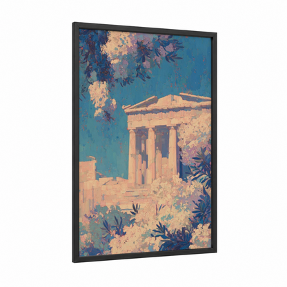 Golden Parthenon framed art print — black wood frame — gold and teal palette