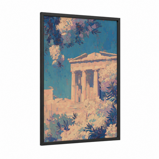 Golden Parthenon framed art print — black wood frame — gold and teal palette