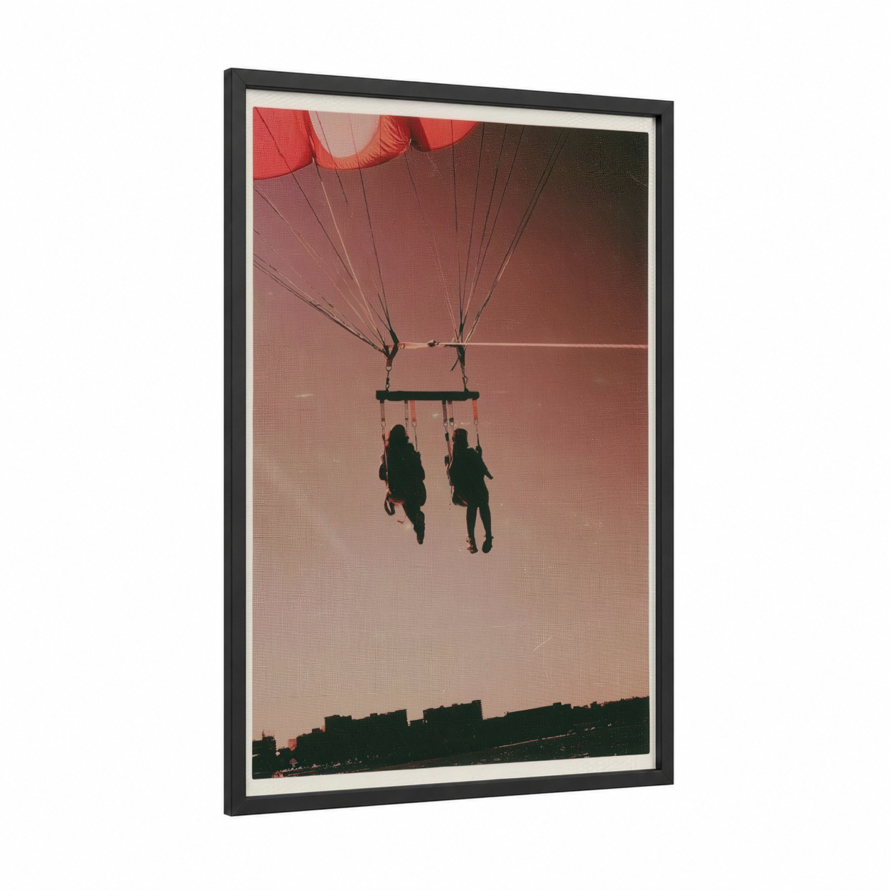 Sunset Parasail framed parasailing print — black wood frame — red and gold palette