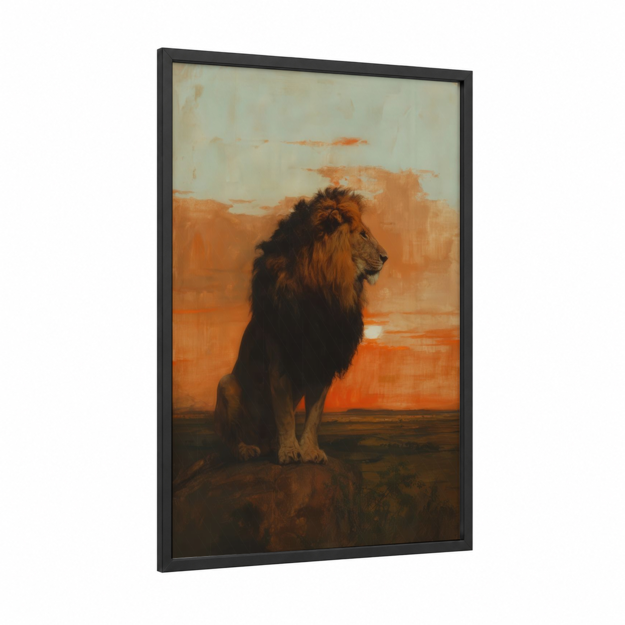 Golden Lion Sunset framed art print — black wood frame — orange and gold palette