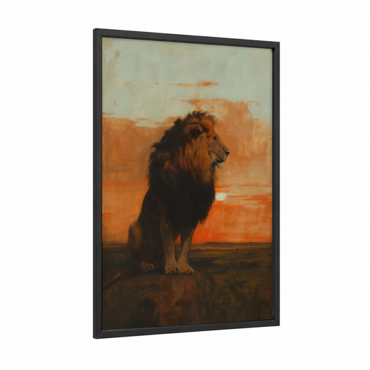 Golden Lion Sunset framed art print — black wood frame — orange and gold palette