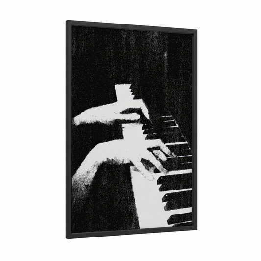 Jazz Pianist framed art print — black wood frame — black and white palette