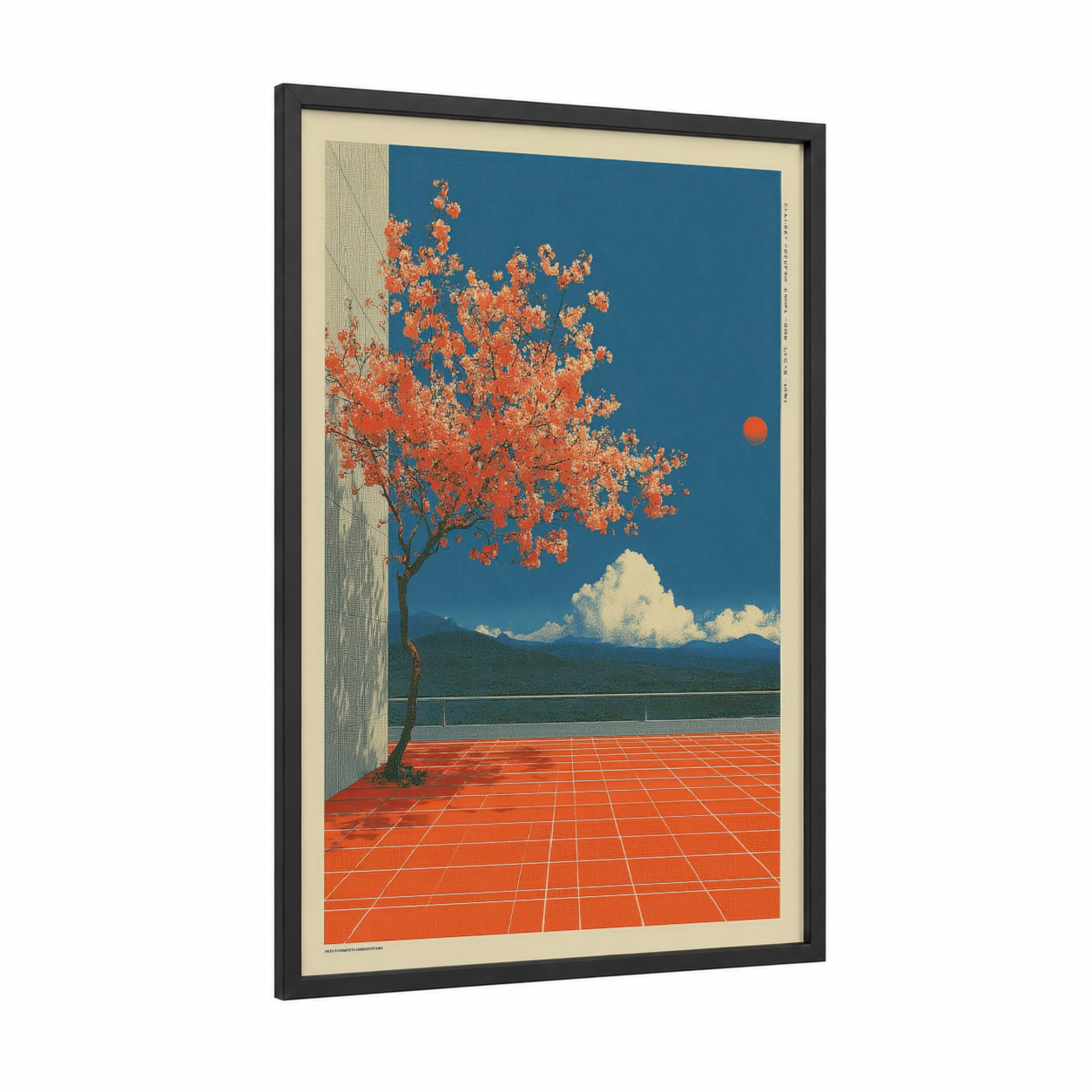 Autumn Perspective framed japanese y2k print — black wood frame — blue and red palette