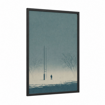 Solitary Player framed rugby print — black wood frame — bermuda gray and white palette