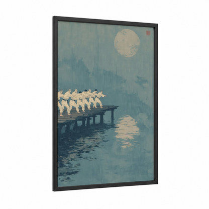 Moonlit Karate framed art print — black wood frame — blue and white and gray palette