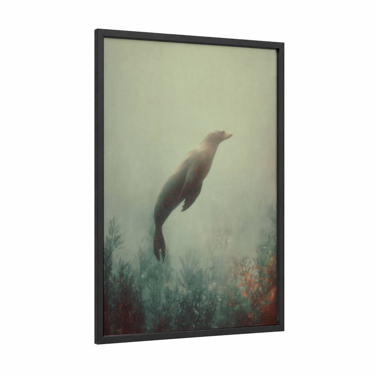 Diving Sea Lion framed art print — black wood frame — sage green and cream palette