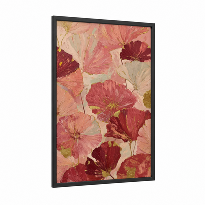 Spring Poppies framed art print — black wood frame — pink and gold palette