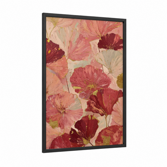 Spring Poppies framed art print — black wood frame — pink and gold palette