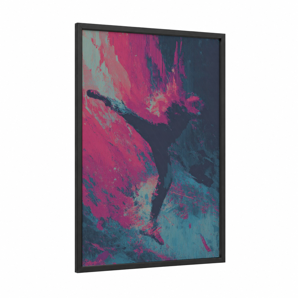Dynamic Kick Boxer framed kick boxing print — black wood frame — magenta and teal palette