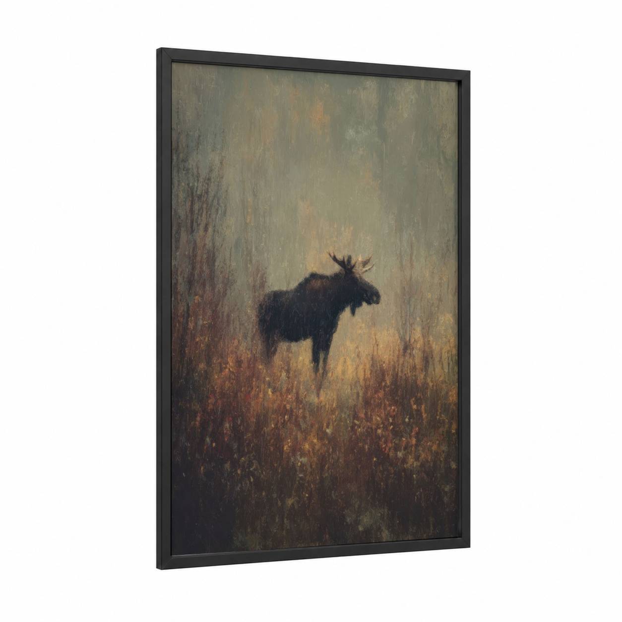 Misty Moose framed art print — black wood frame — gold and sage green palette
