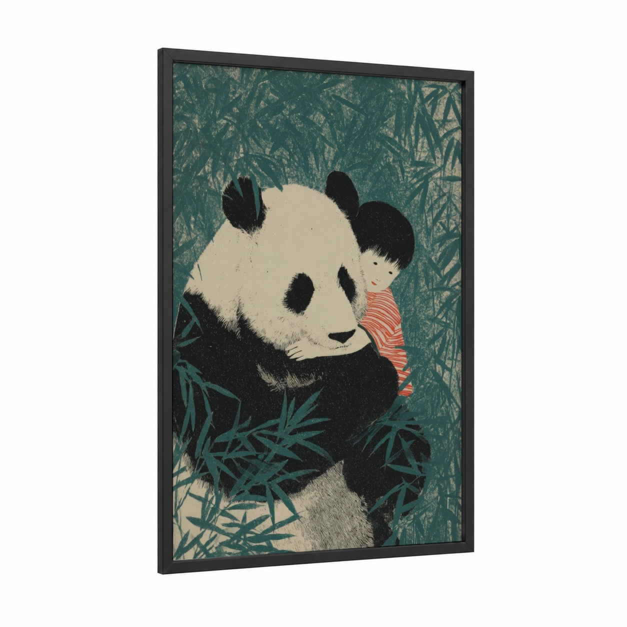 Panda Cuddle framed kids animals print — black wood frame — teal and cream palette