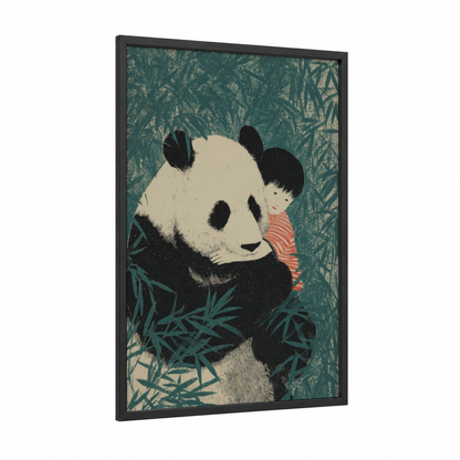 Panda Cuddle framed kids animals print — black wood frame — teal and cream palette