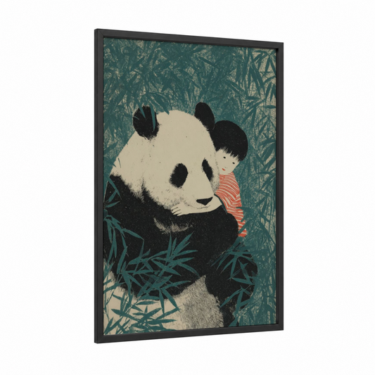 Panda Cuddle framed kids animals print — black wood frame — teal and cream palette